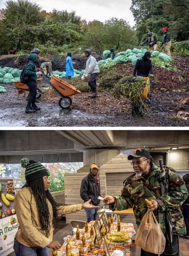 Top: The Gangstas to Growers cohort working at the Truly Living Well farm. Bottom: Selling hot sauce at College Park Station. | Mark Peterson/ Redux Pictures for Politico Magazine