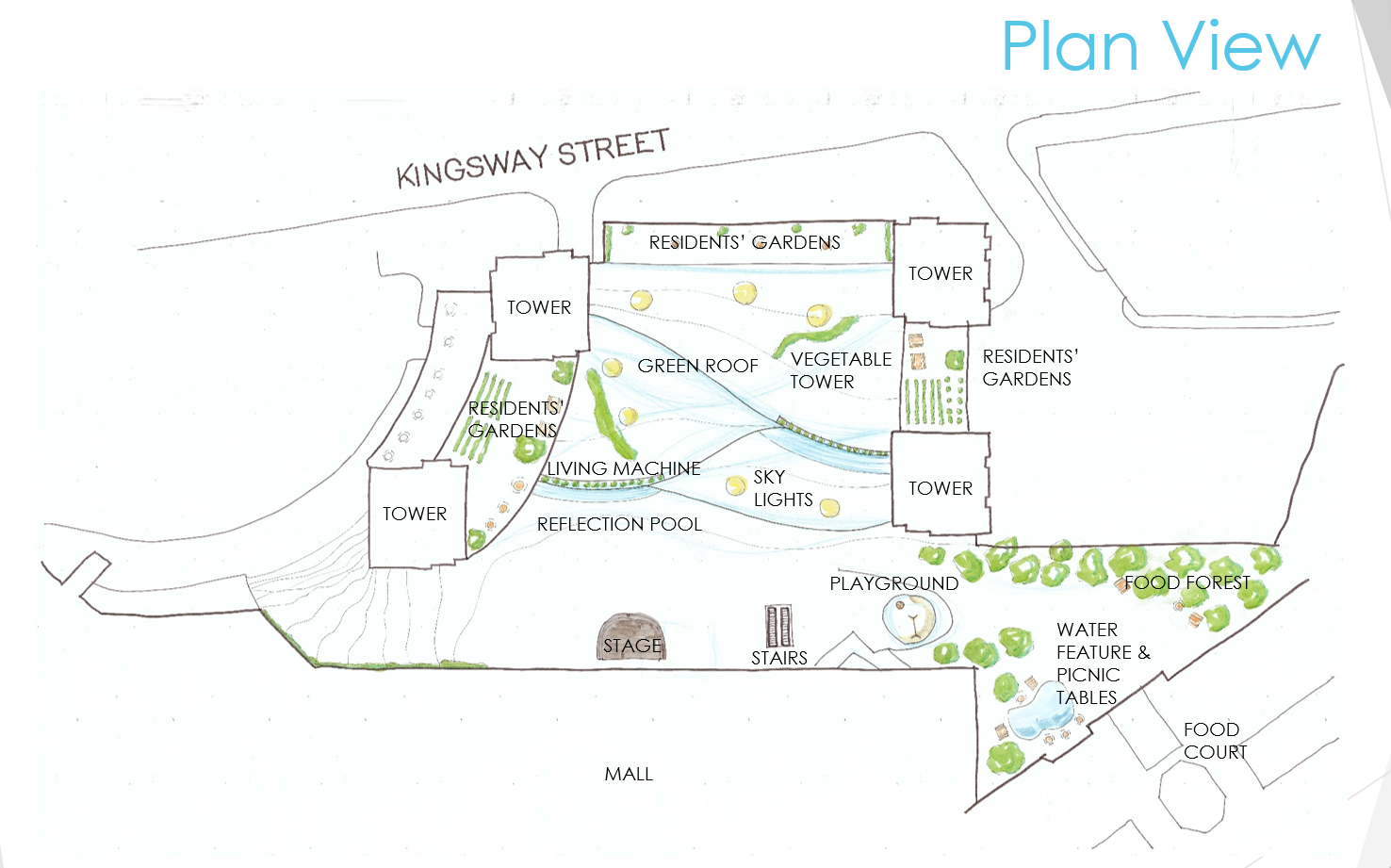 A plan view for team Oasis' agritecture concept. Their design includes gardens for residents to grow food, a playground and "food forest" for families to enjoy, and a stage for performances.