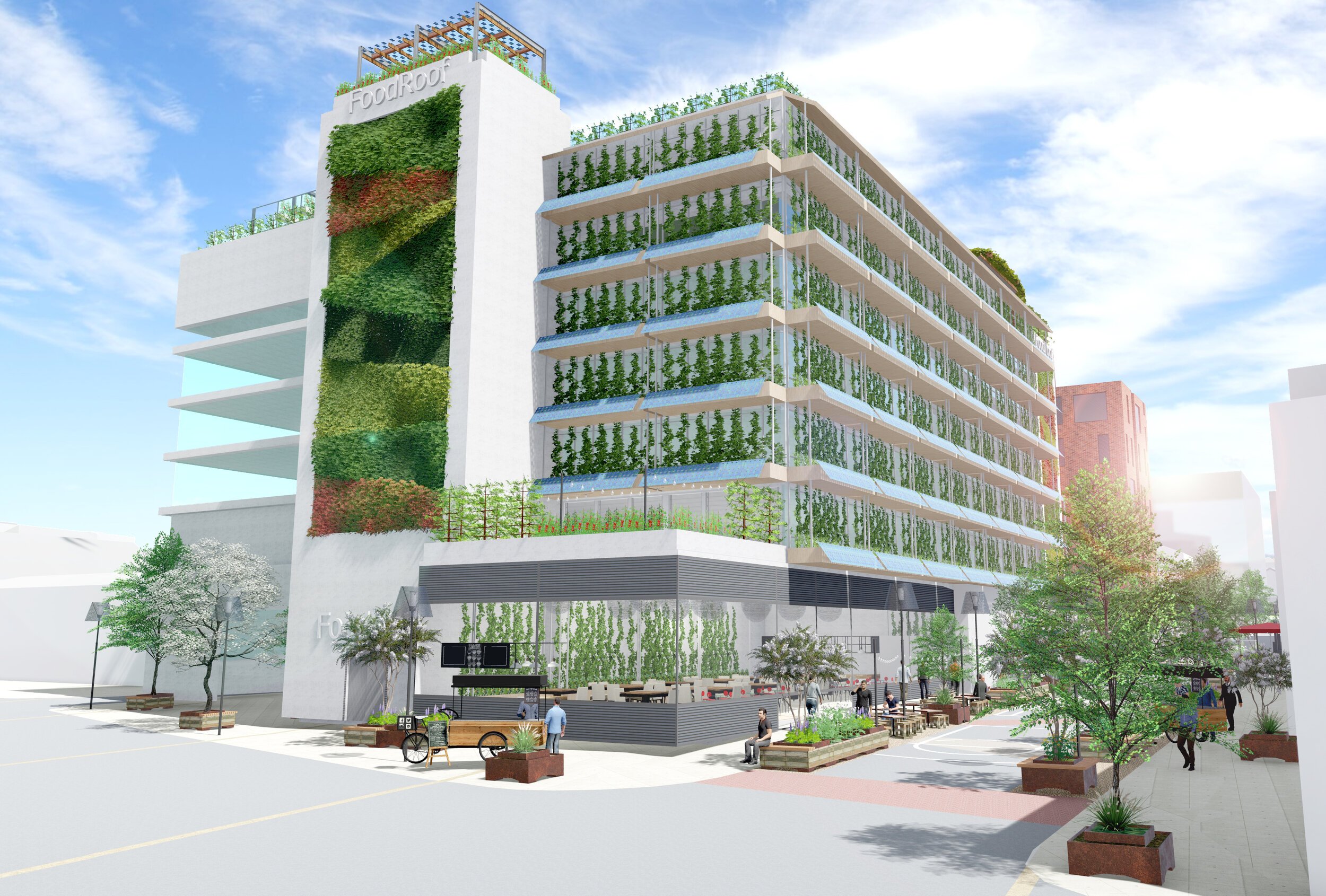 A rendering of the city center host building for Future City Food Hub