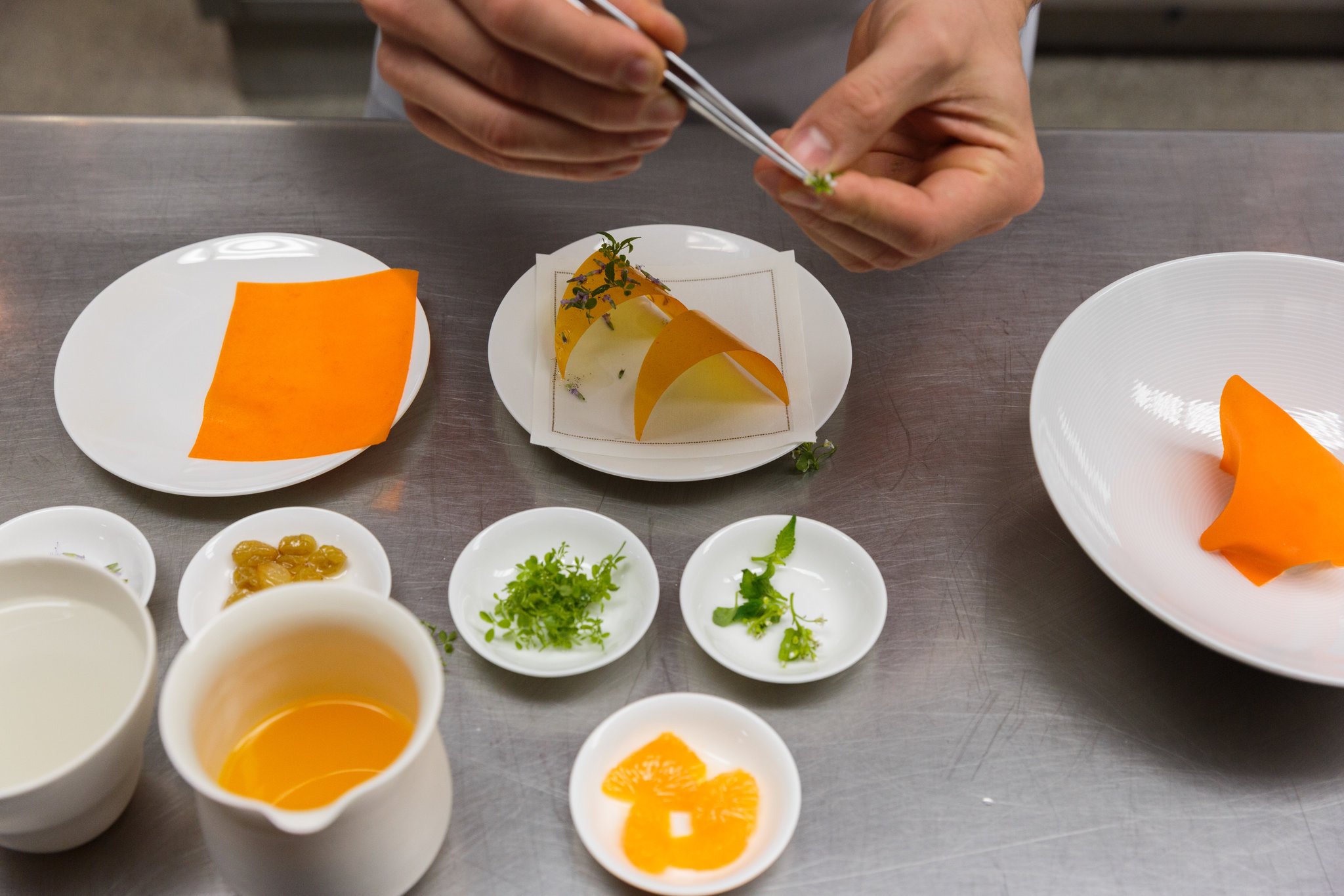 At Atera, a restaurant housed in the same building as Farm.One, there is a course in which the chef, tableside, dresses a dish with the herbs sourced from the basement.