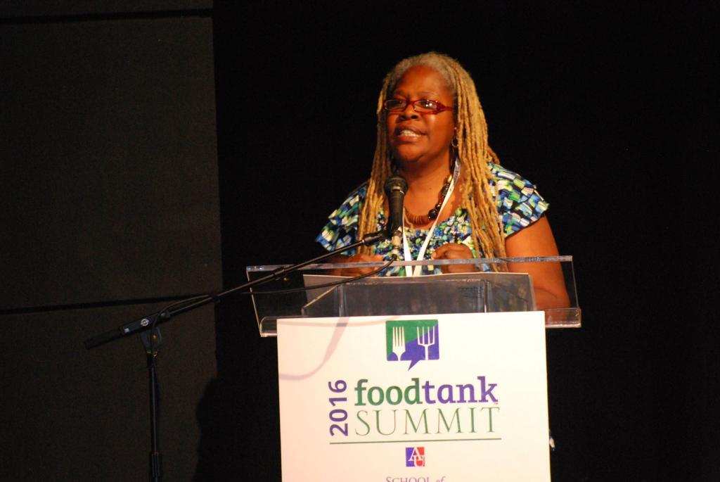 Karen Washington delivers opening remarks at the 2016 Food Tank Summit, in Washington, D.C.