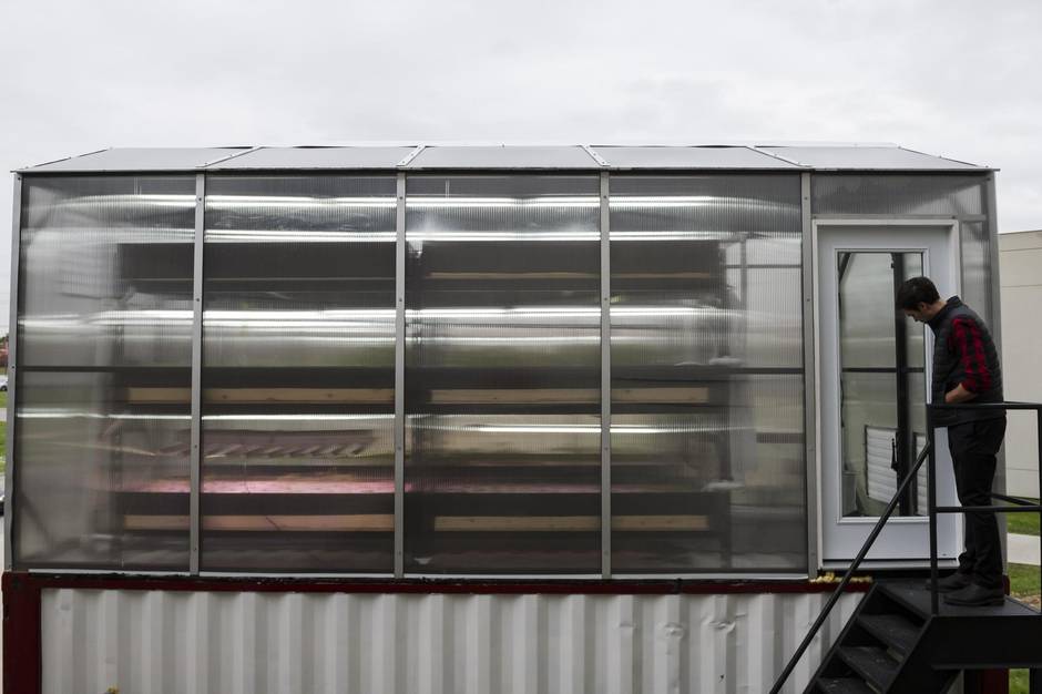 The ground floor of Ripple Farms is filled with a large fish tank, along with a system of pumps and filters that provide nutrient-rich water to the greenhouse set atop the shipping container.