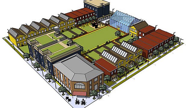 The ’garden block’ concept embeds pockets of food growing within the urban fabric. (Rendering: Daniel Nairn)