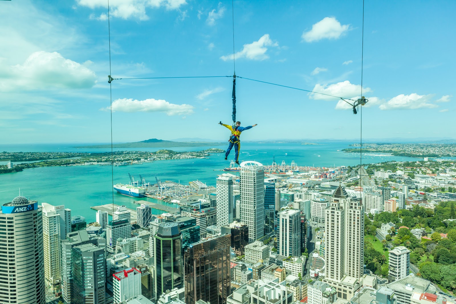One of the many ways to view the Auckland skyline: jumping off the Skytower.