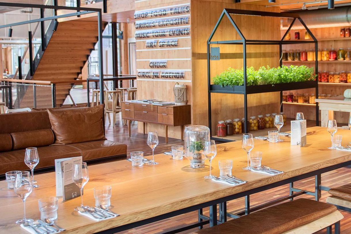 Hrbs-delivered plants growing in Hrbs designed furniture at ‘Circl Restaurant’ in Amsterdam.