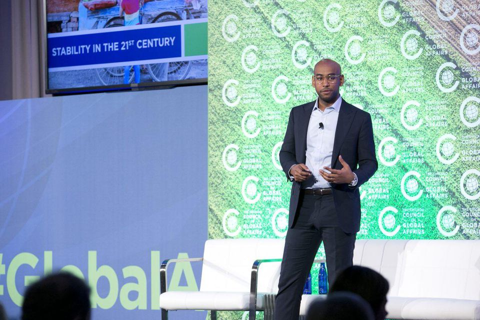 Hello Tractor's Founder, Jehiel Oliver, speaks at the 2017 Global Food Security Symposium in Washington, DC. (PHOTO: HELLO TRACTOR)