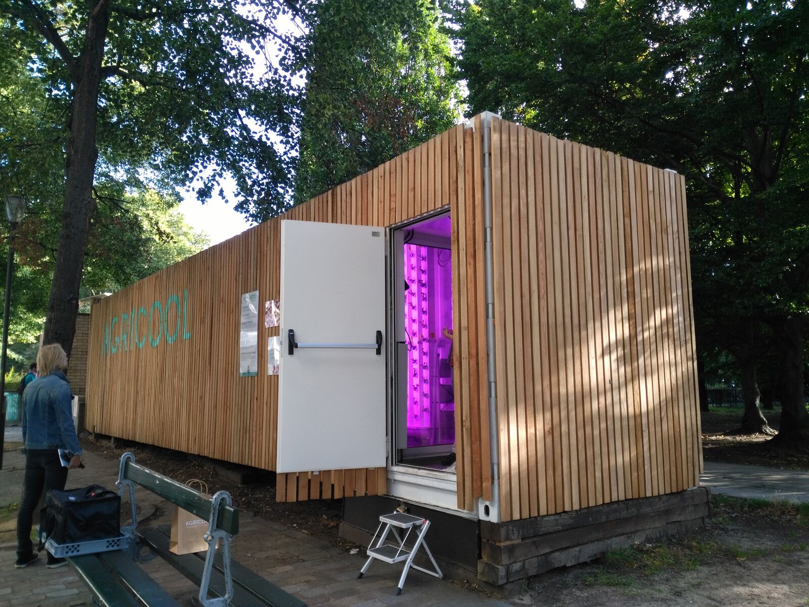 An Agricool “Cooltainer” on display in Paris. The company installs wood-siding onto its container farms so that they better integrate with their surrounding environment.