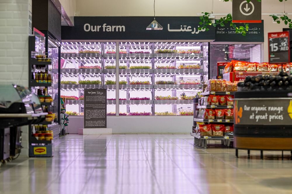 Carrefour grows herbs and microgreens such as arugula on shelves stacked floor to ceiling; Photographer: Christopher Pike/Bloomberg