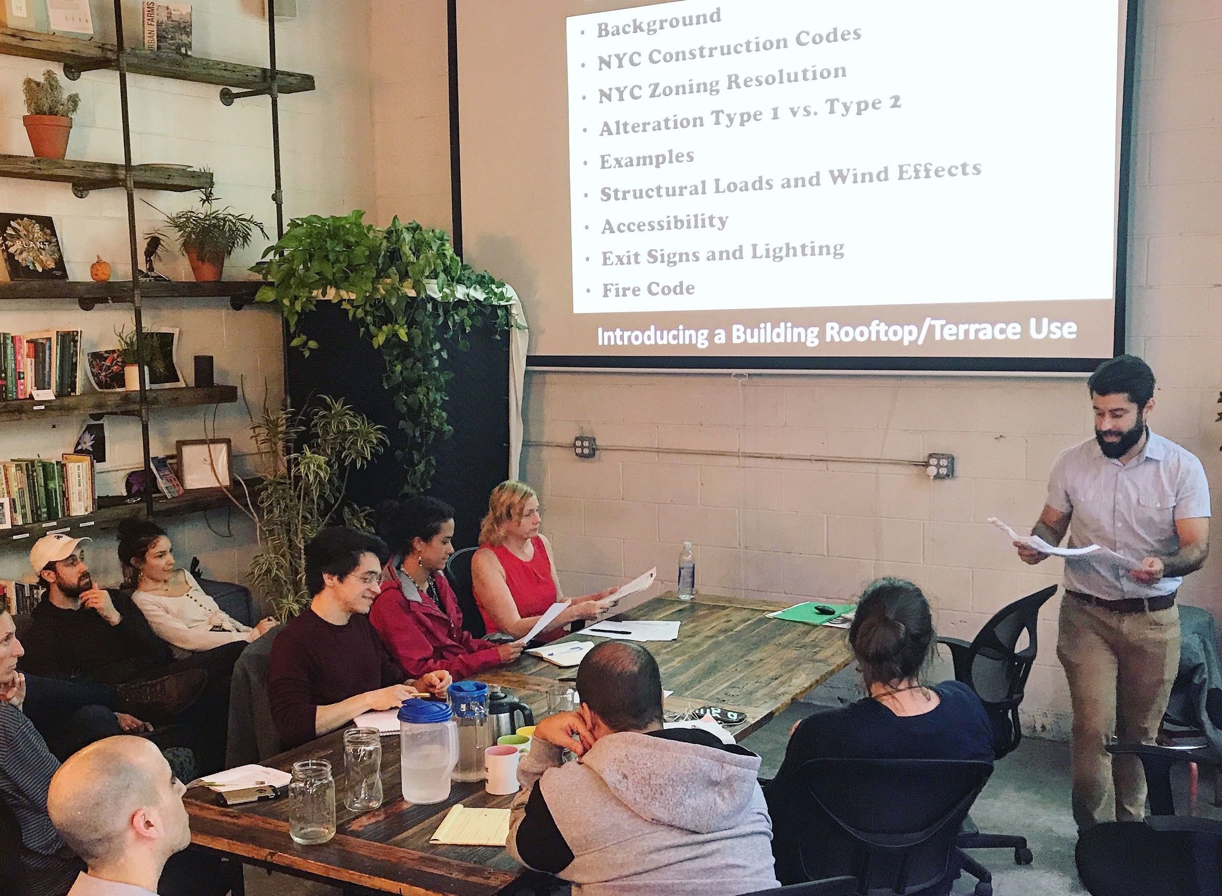 Eugene teaching his Building The Rooftop Farm course at the Agritecture and AgTech X headquarters in Brooklyn.