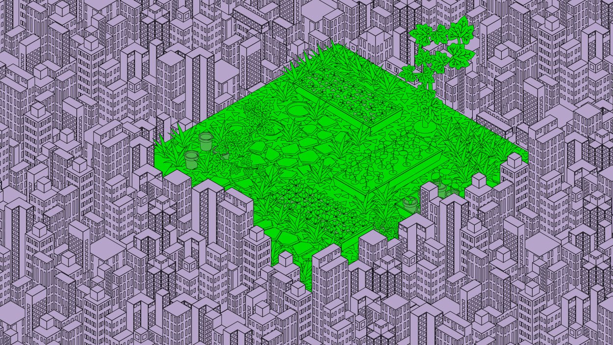 an illustration of a green space in the middle of an high density, urban environment
