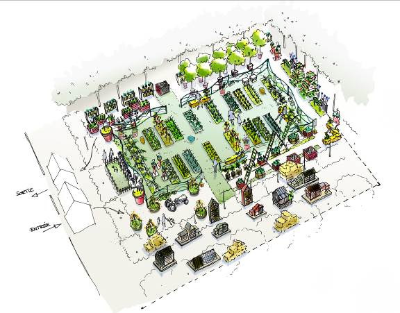 Watercolor drawing of a temporary, experimental urban farm located in the Jardin des Tuileries of Paris and conceptualized by Fermes de Gally in 2014.