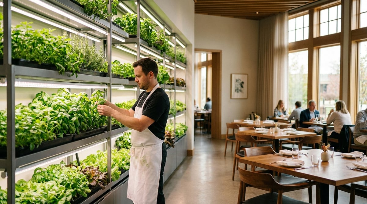 Chef harvesting fresh herbs from an on-site hydroponic growing wall in a restaurant