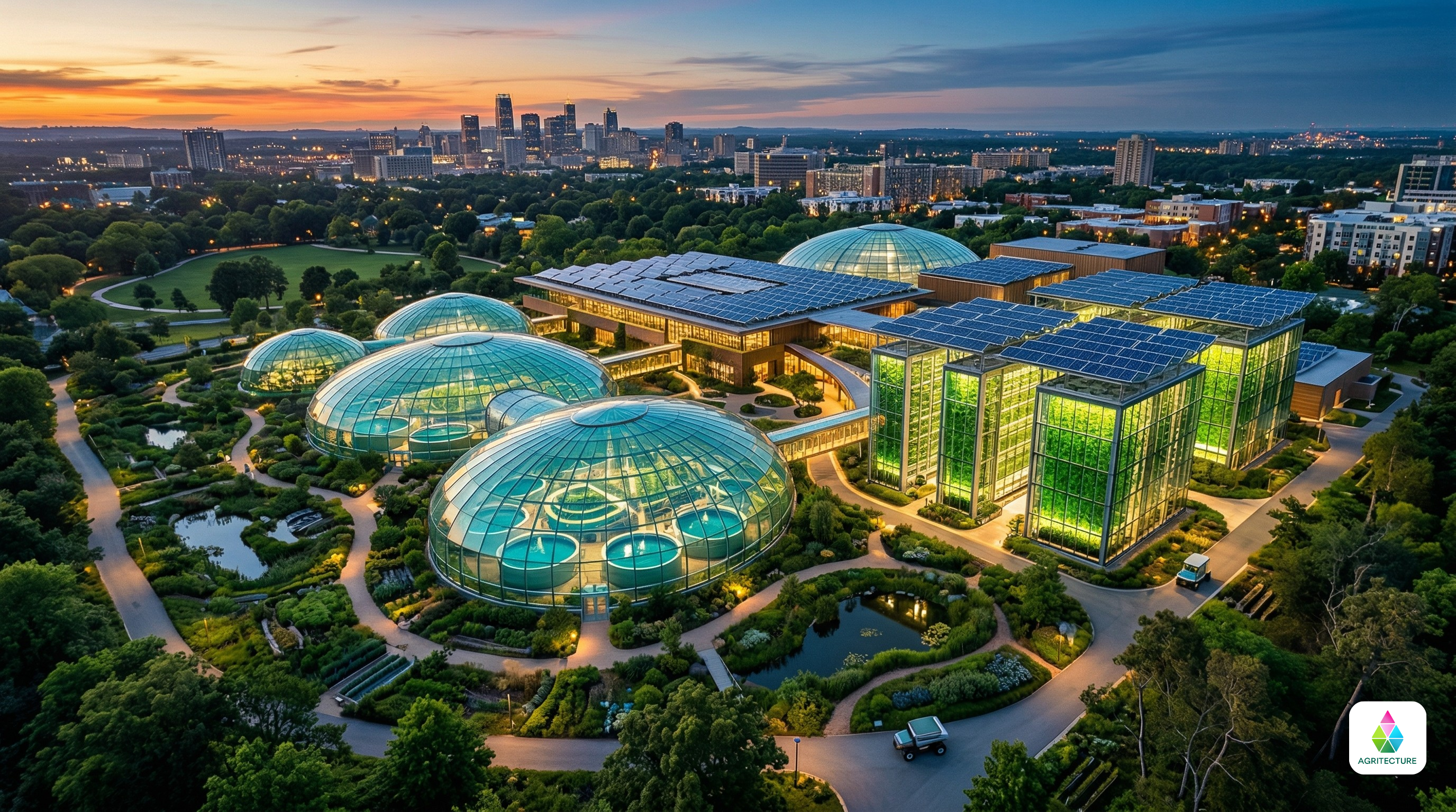 Aerial view of a food systems campus with greenhouse, aquaculture and solar panels