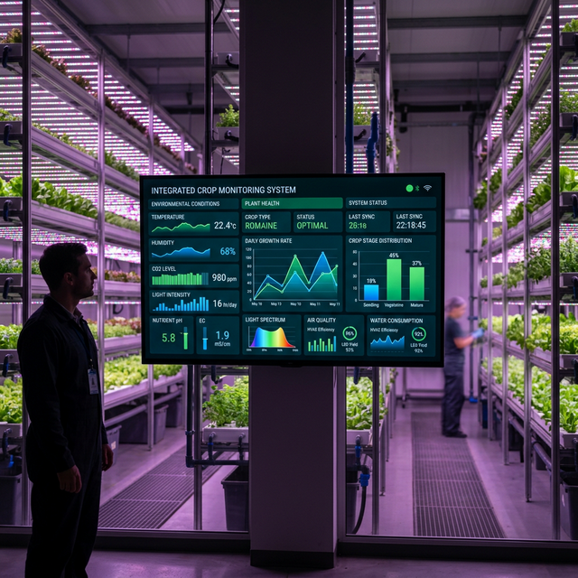 AI-driven data dashboard monitoring crop performance in a vertical farm