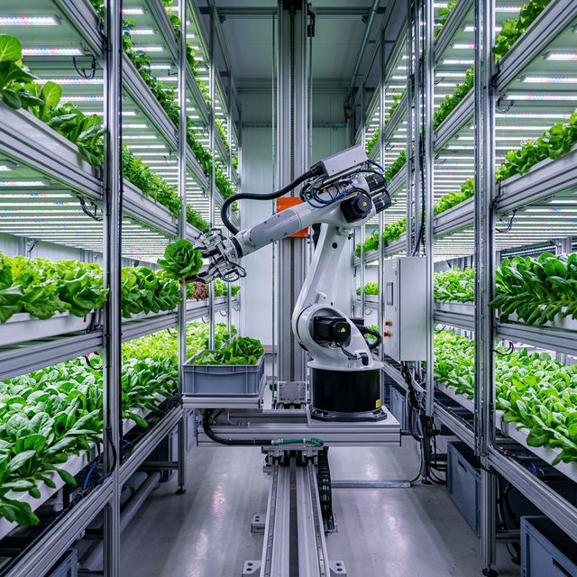Robotic harvesting arm in an automated vertical farm
