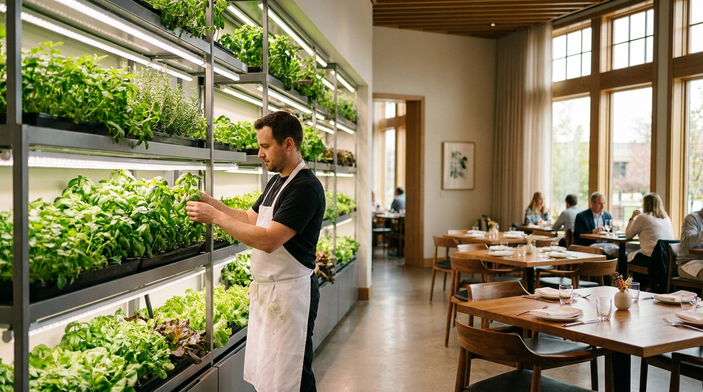 Chef harvesting fresh herbs from an on-site hydroponic growing wall in a restaurant